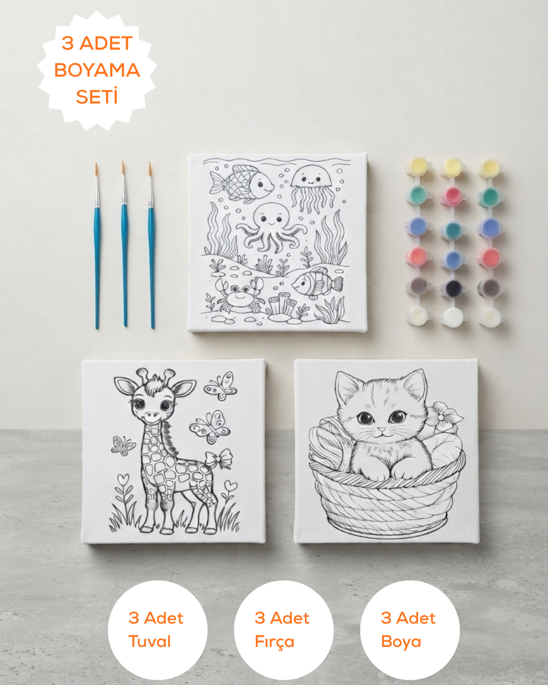 3’lü Kanvas Boyama Seti Tablo – 20x20 cm | 3 Boya ve 3 Fırça Dahil